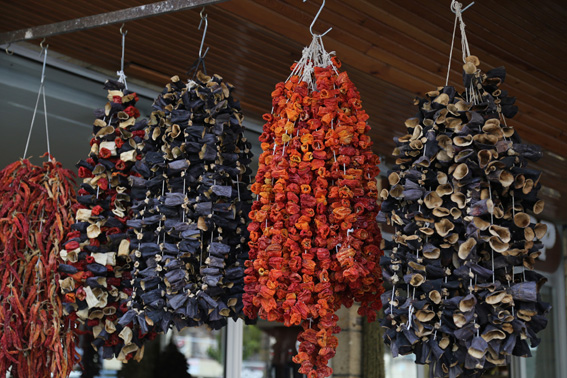 Dried aubergine, peppers and tomatoes in Konya market